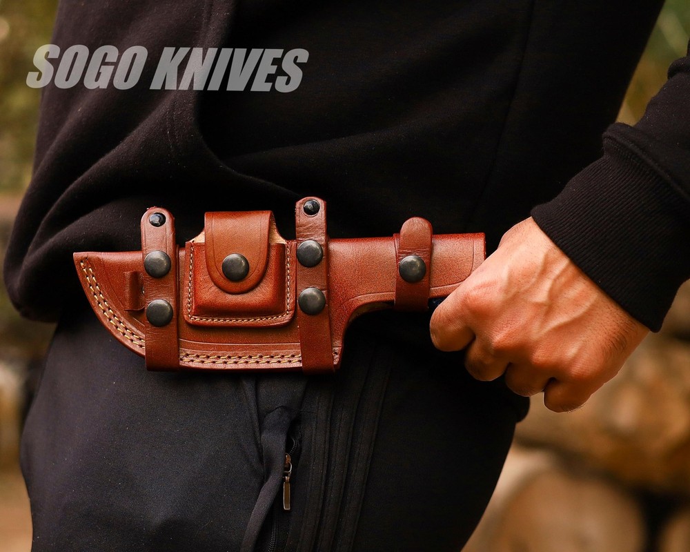 Horizontal Leather Sheath, Tooled Leather Sheath, Leather Tracker Knife Sheat...