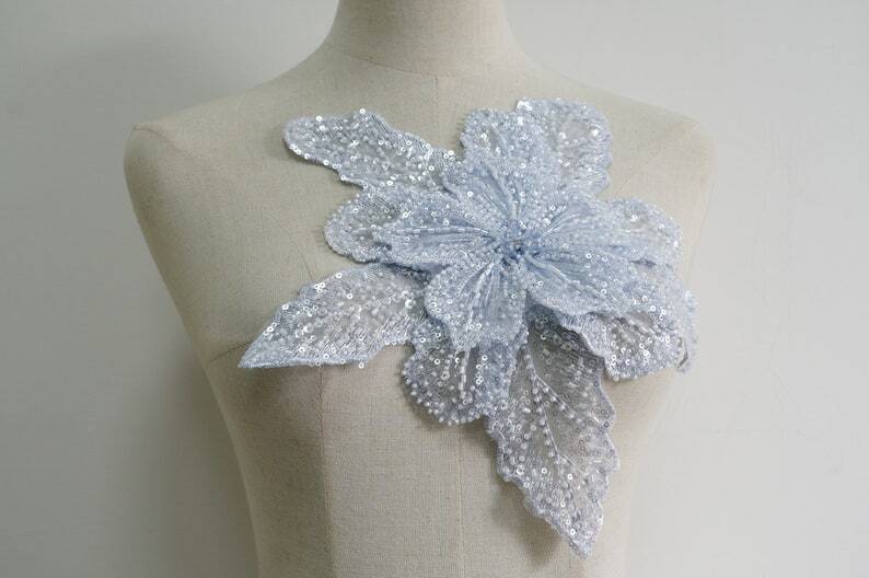 Large Beading 3D Petal Applique Multi-layers Rhinestones Sequin Bodice Patch