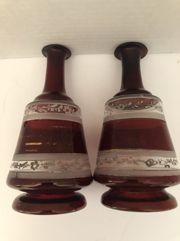 Antique Bohemian Hand Blown Ruby Red Perfume Scent Bottles Pair