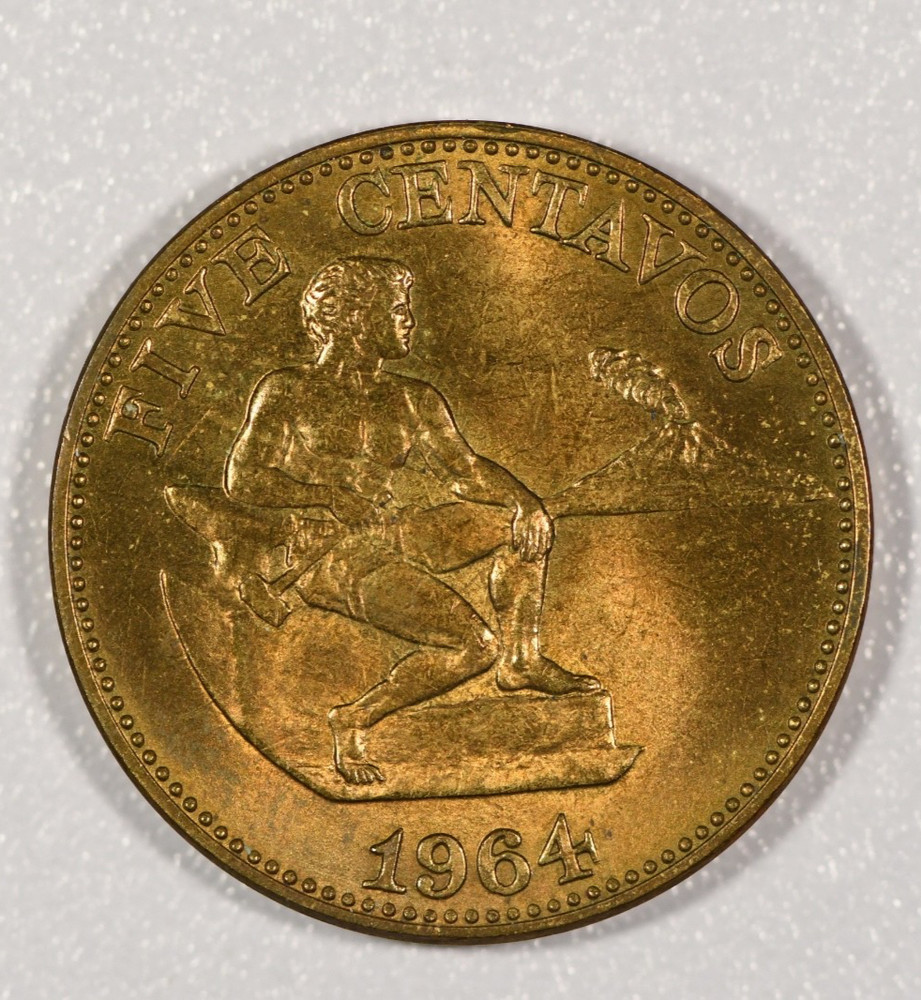 1964 Philippines 5-Centavos Brass Coin, Almost Uncirculated