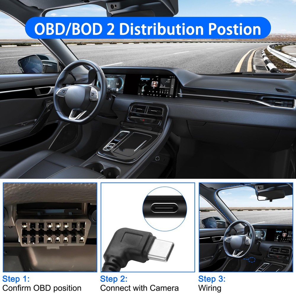 OBD OBD2 Power Cable for Dash Camera, OBD2 to USB Type C Charger Cable with