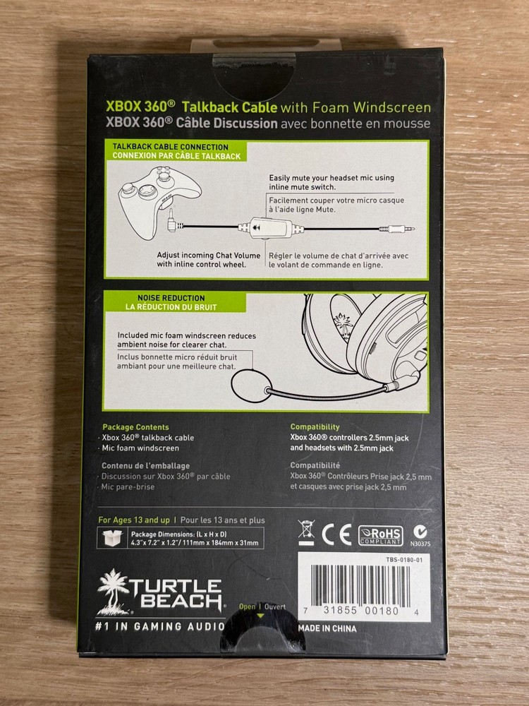 New Turtle Beach Xbox 360 Talkback Cable with Foam Windscreen