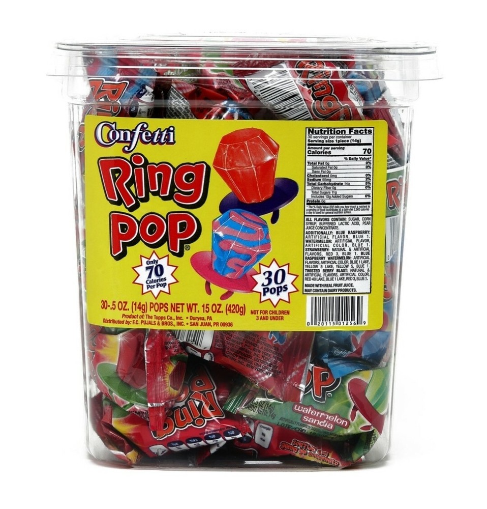 CONFETTI RING POP WITH REAL FRUIT JUICE CANDY RING ASSORTED (JAR-30PKS)