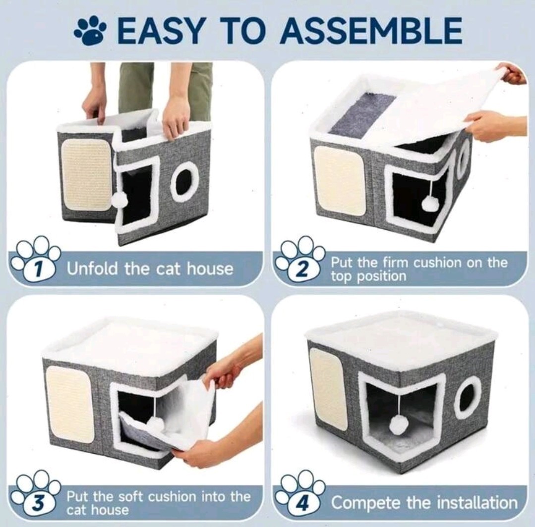 Cat Bed for Indoor Cats, Large Covered Cat House with Scratch Pad, Foldable Cat