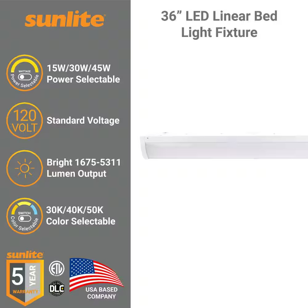 36 In. White Linear Bed Light Integrated LED Selectable Wattage Selectable CCT