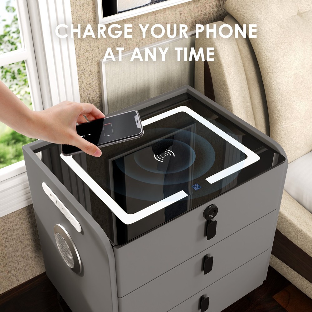 24" Modern Bedroom Smart Bedside Table Fingerprint Unlocking+Bluetooth+Led