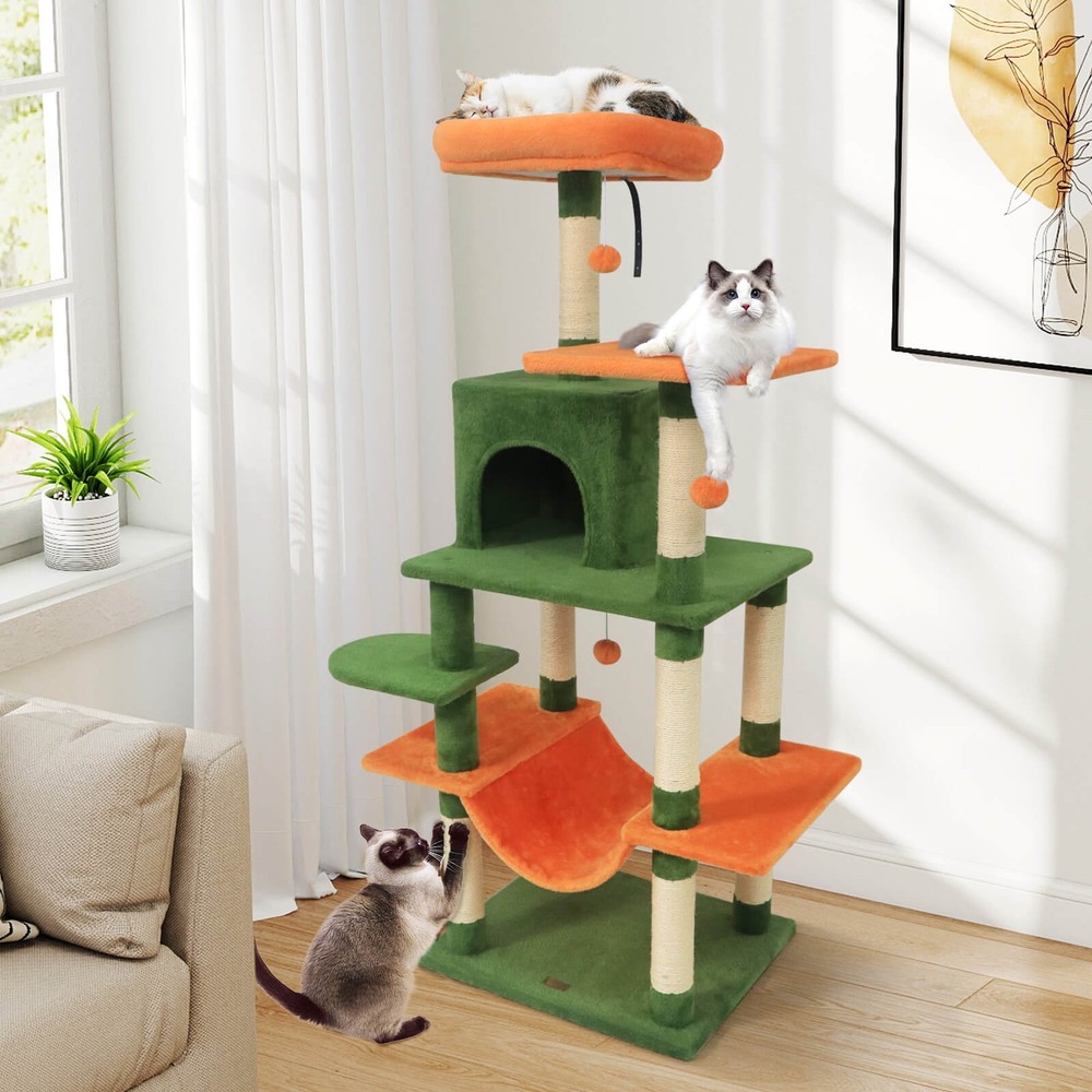 58” Tall Multi-level Cat Tree w/Upholstered Perch & Cat Condo, Comfy Hammock