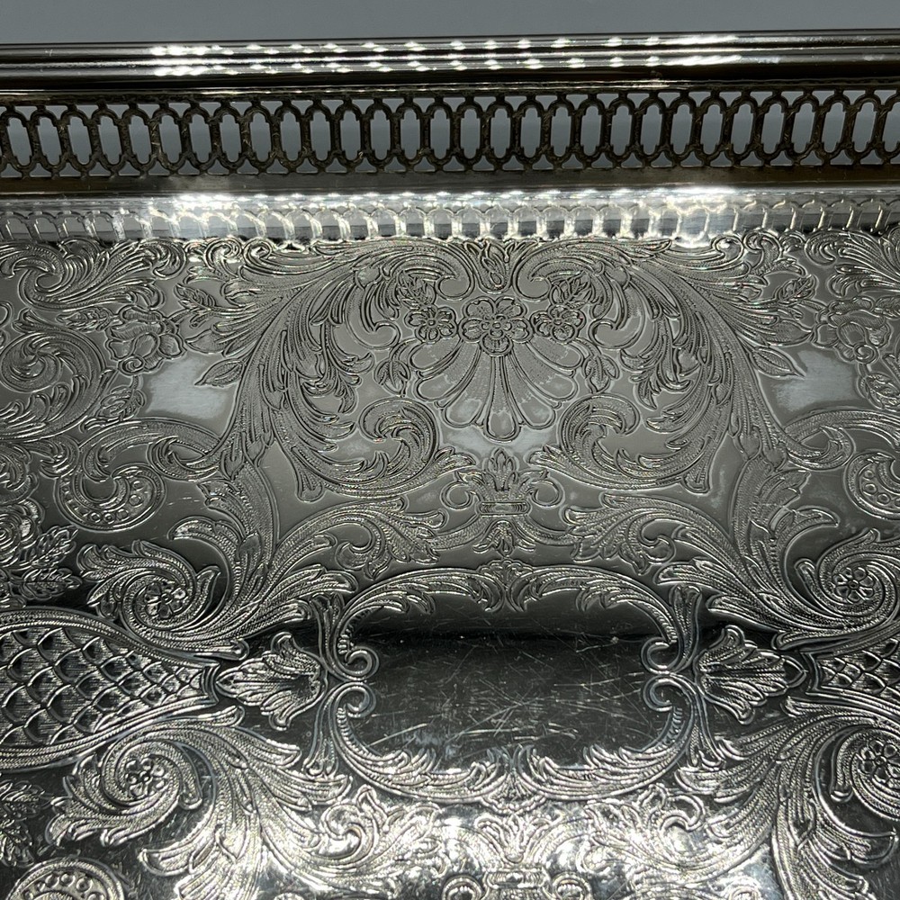 Large Vintage Silver Plated Rectangular Gallery Tray Footed Long Cocktail Drinks