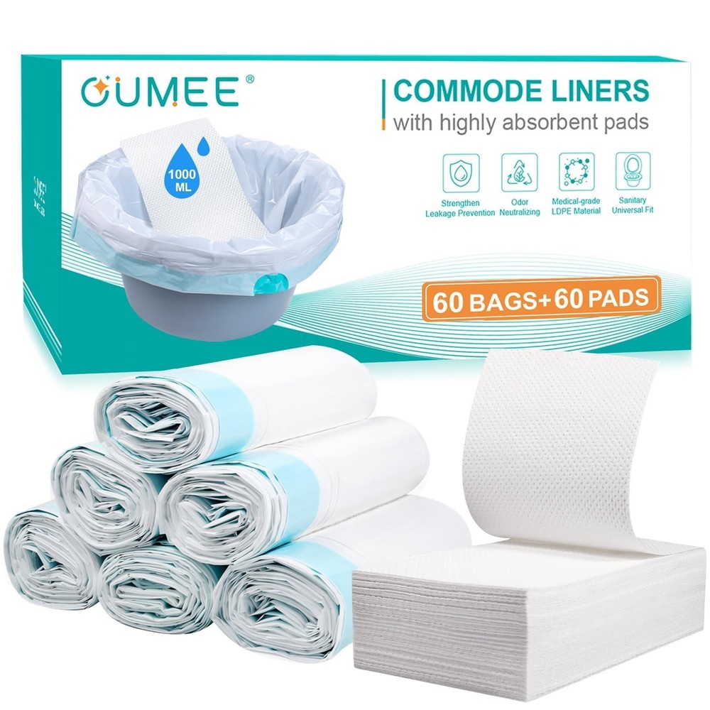 60 Commode Liners with Absorbent Pads, 60 Bedside 21*16in-60+60, Blue