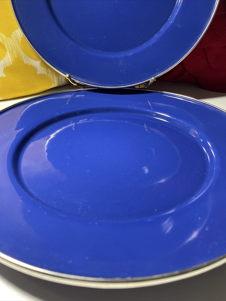 blue enamelware Plates With Silver Trim