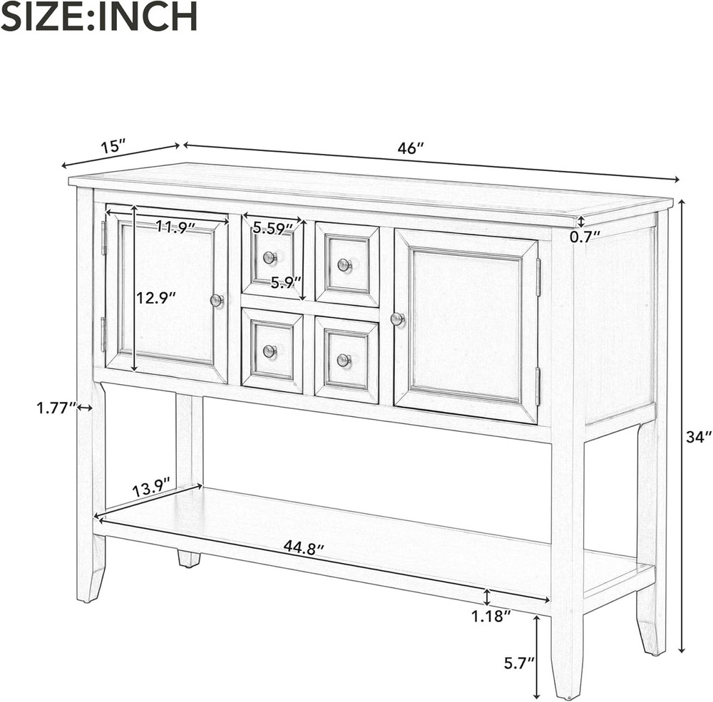 46" Large Solid Wood Sideboard Buffet with Storage & Easy Assembly