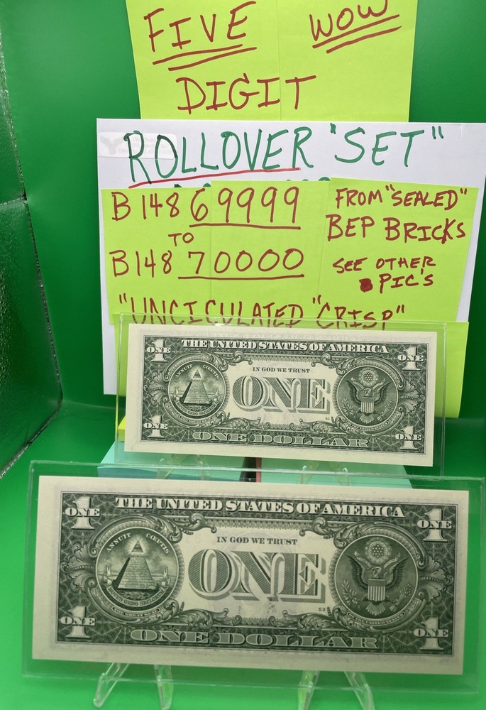 ROLLOVER PAIR /WET INK TRANSFER ERROR “UNC”Fancy Serial Numbers Two $1 BILLS