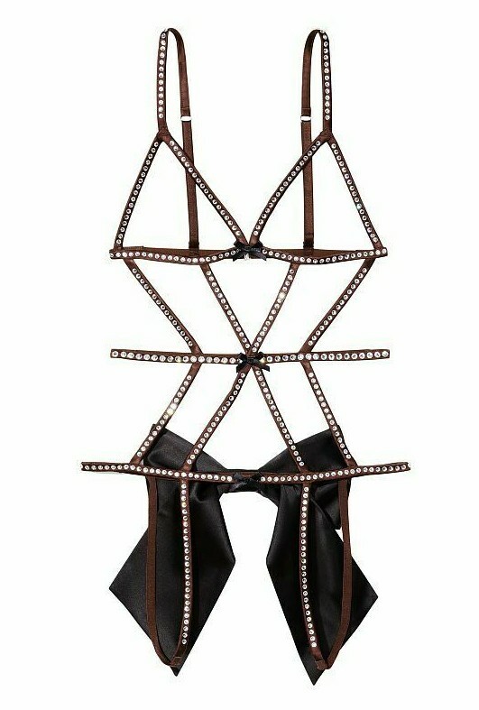 Victoria's Secret Very Sexy Rhinestone Strappy Teddy Bodysuit sz XL brown