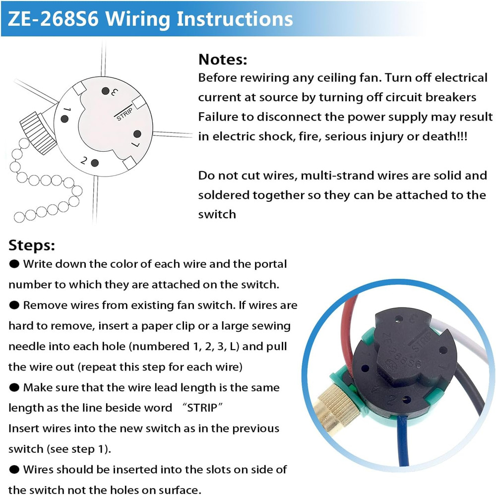 Ceiling Fan Switch, 4 Wire Zing Ear ZE-268S6 Pull Chain Switch Replacement 3 Spe