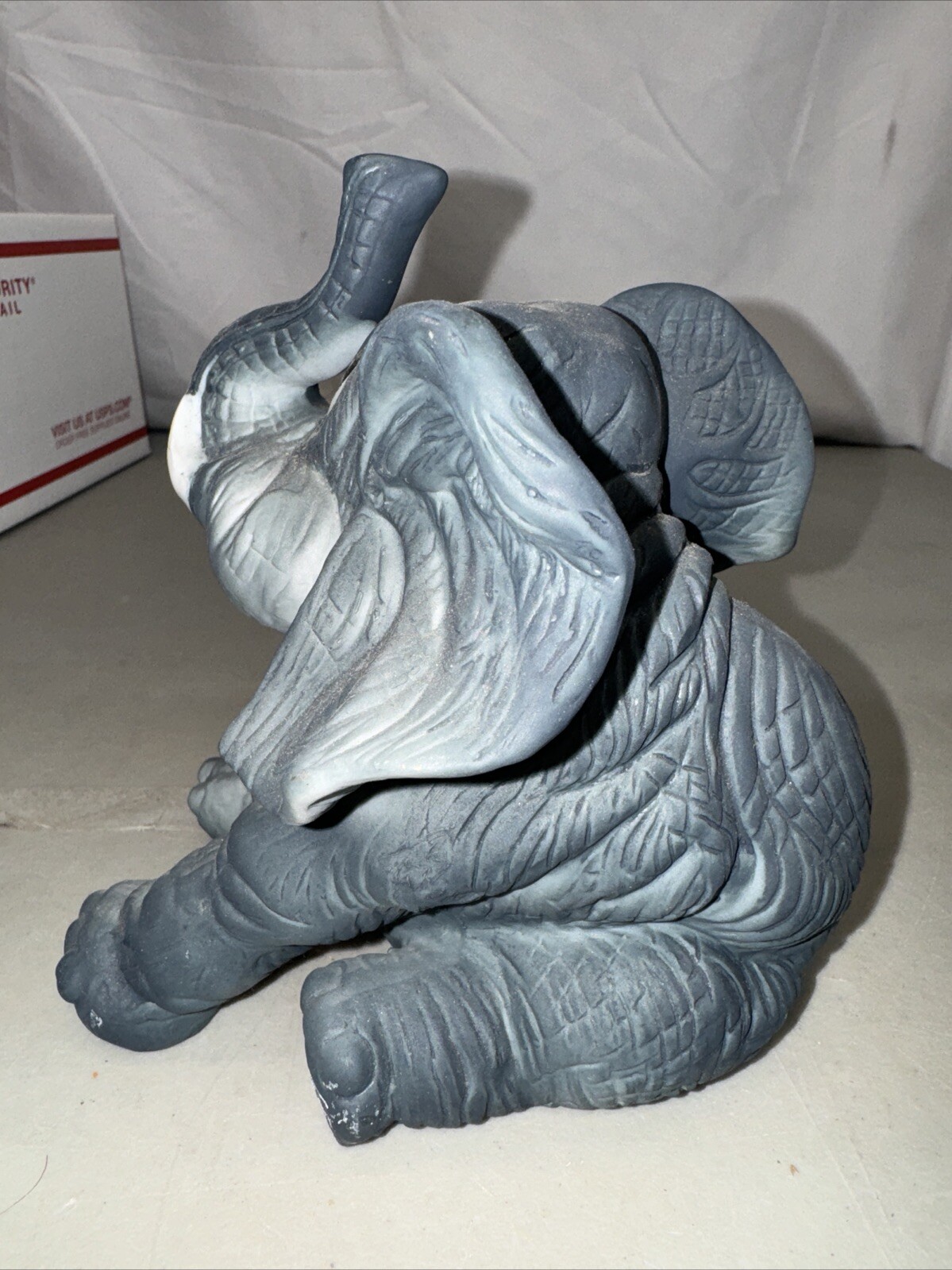 Vintage Blue Gray Porcelain Elephant Figurine Setting Figure Trunk Up Raised 5x6