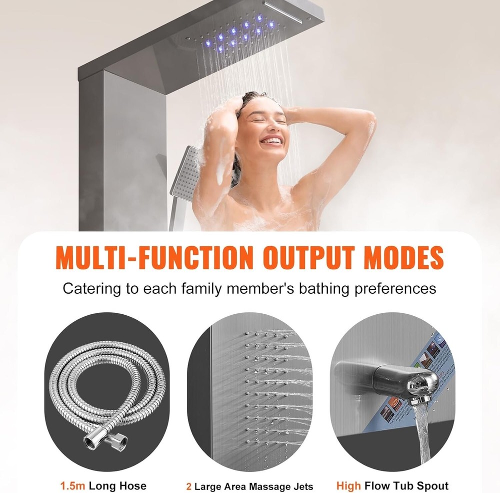 Shower Panel System, , LED Shower Panel Tower, Rainfall, Waterfall, 2 Body Ma...