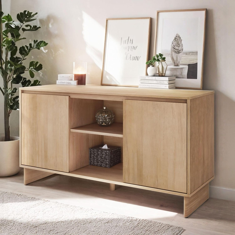 59" Modern Pine Sideboard Buffet Cabinet with Doors & Shelf