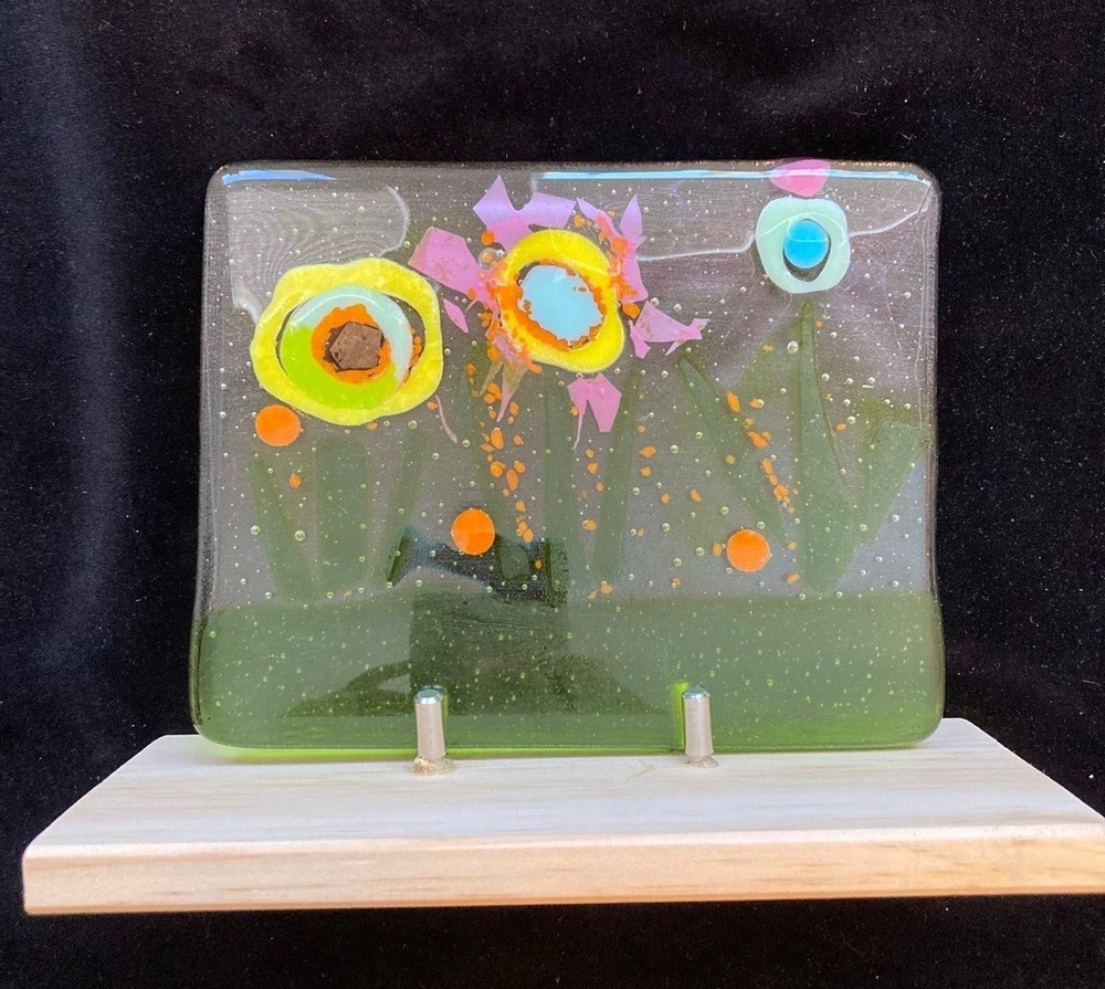 Handmade Spring Flowers Art Panel 7”x5.5” Includes a wooden base 8.5” Original