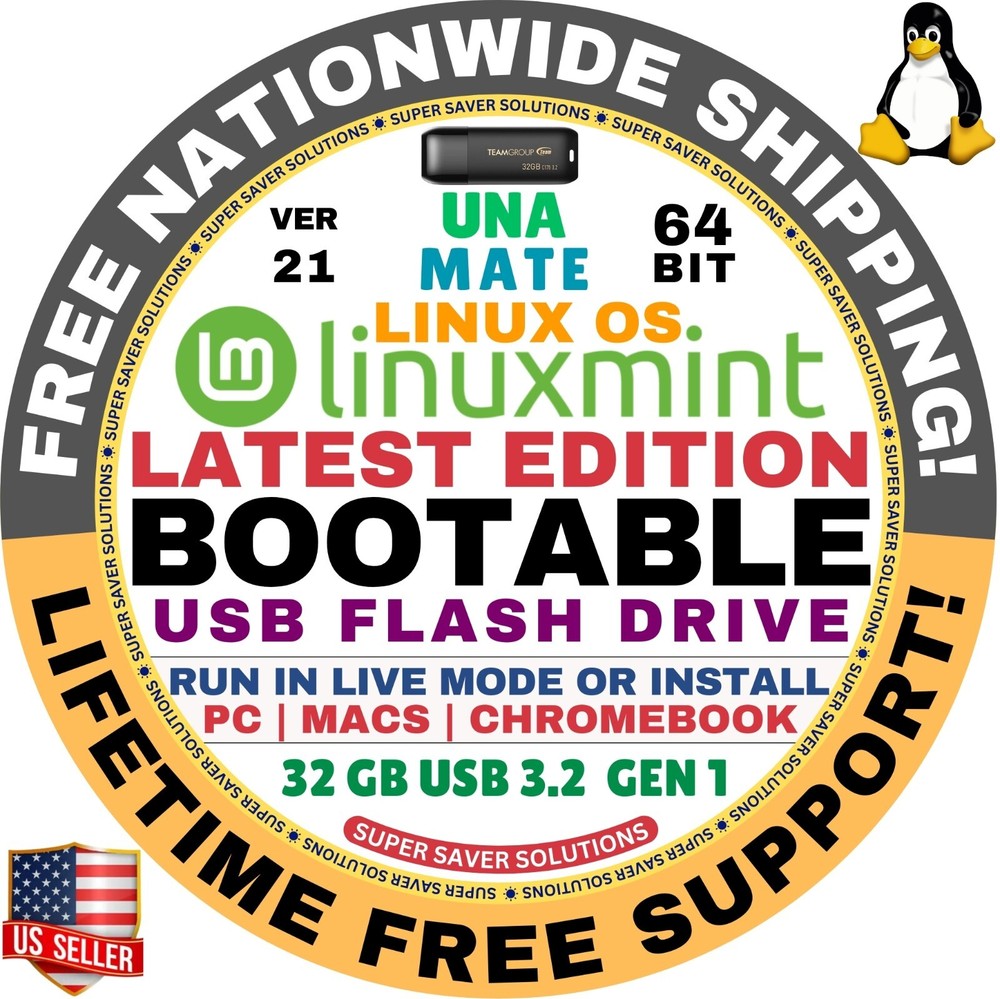 Linux MINT 20.3 USB UNA Mate 64-Bit Live Boot, Full Install MAC, PC