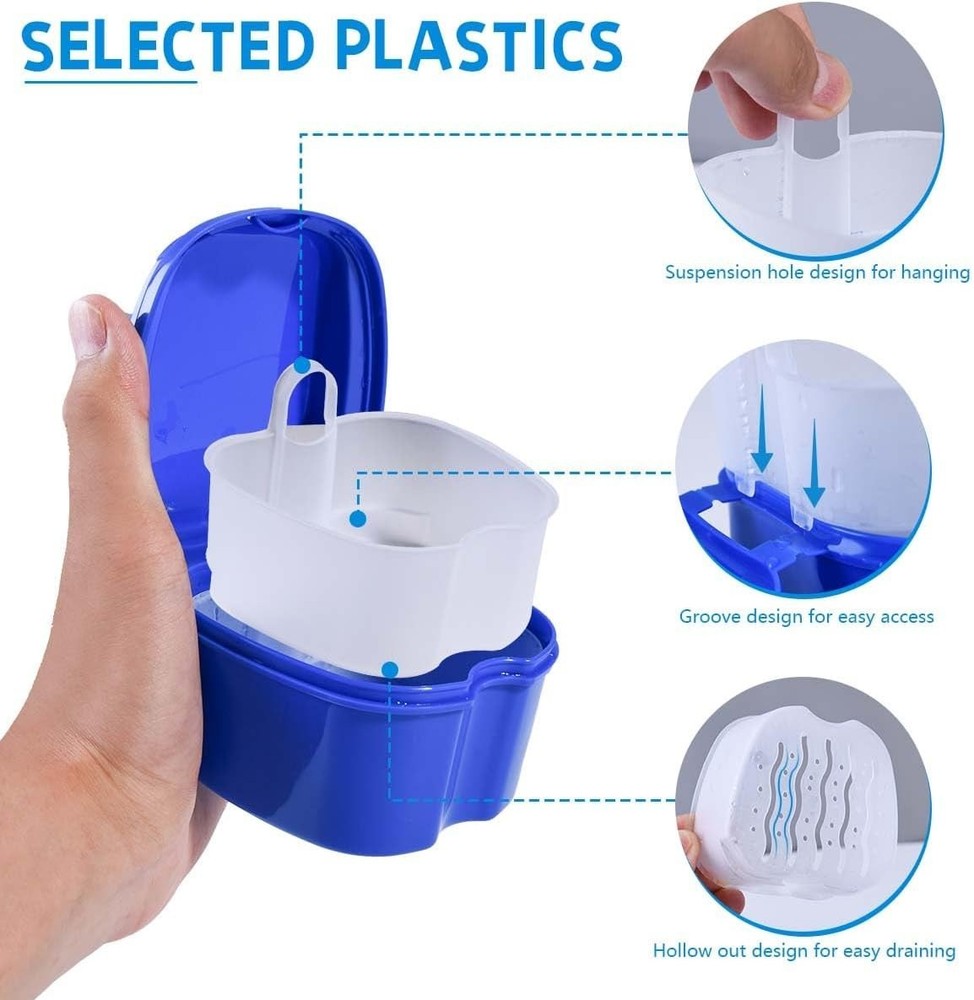 2 Pack Colors Denture Bath Case Cup Box Holder Storage Soak Container with St...