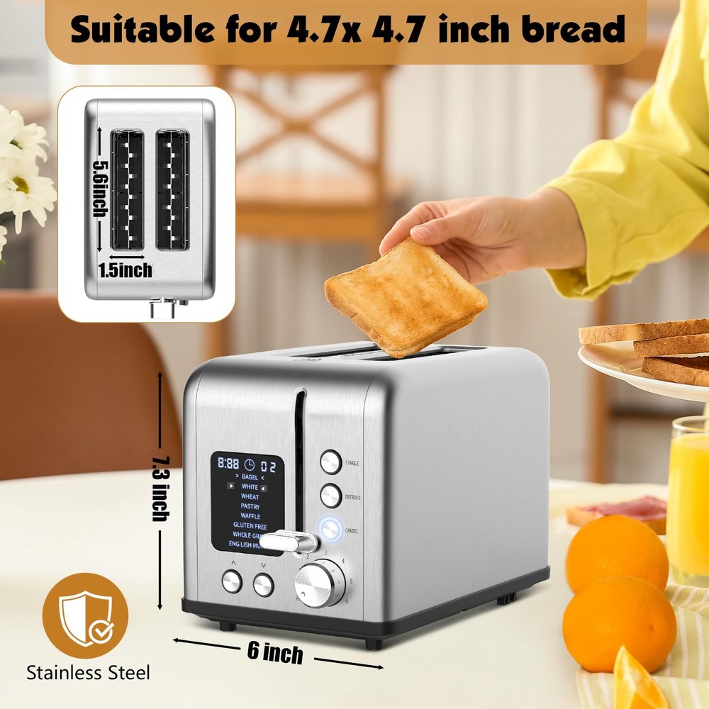 2-Slice Bagel Toaster Stainless Steel with Screen- Single Slice Function for Sin