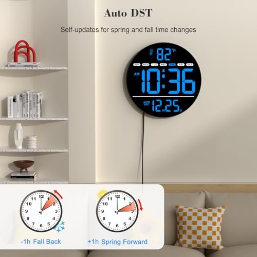 Large Digital Wall Clock with LED Display, Electric Wall Clock with Blue