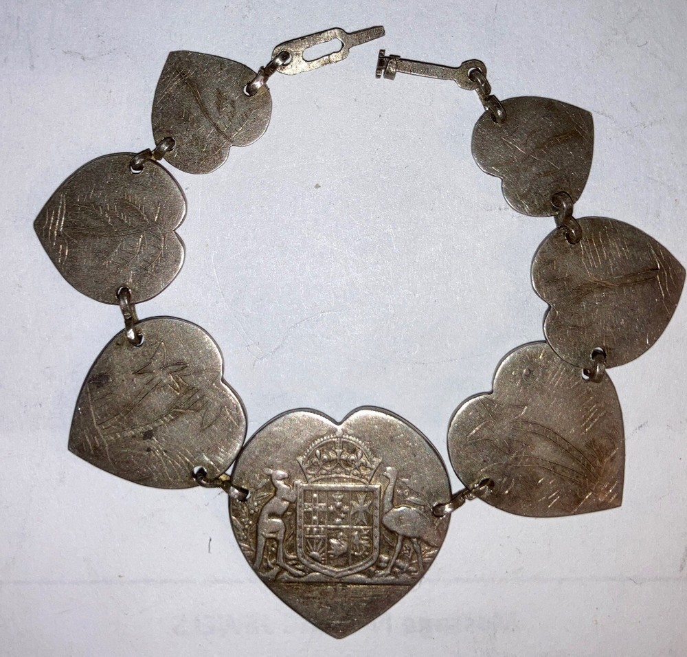 1944 WWII Trench Art US Army or Navy Australia Silver Coins Bracelet New Guinea