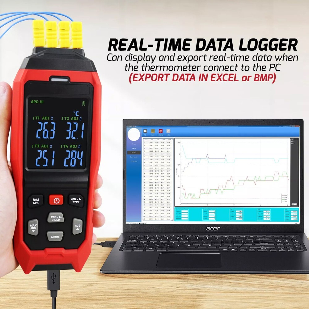 K/J 4-Channel Datalogger Thermocouple Thermometer Real-Time Data Logging