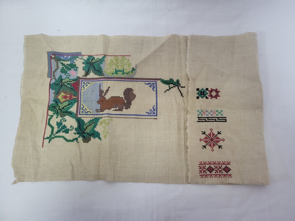 Vintage old embroidery educational Squirrel patterns different on fabric Ukraine