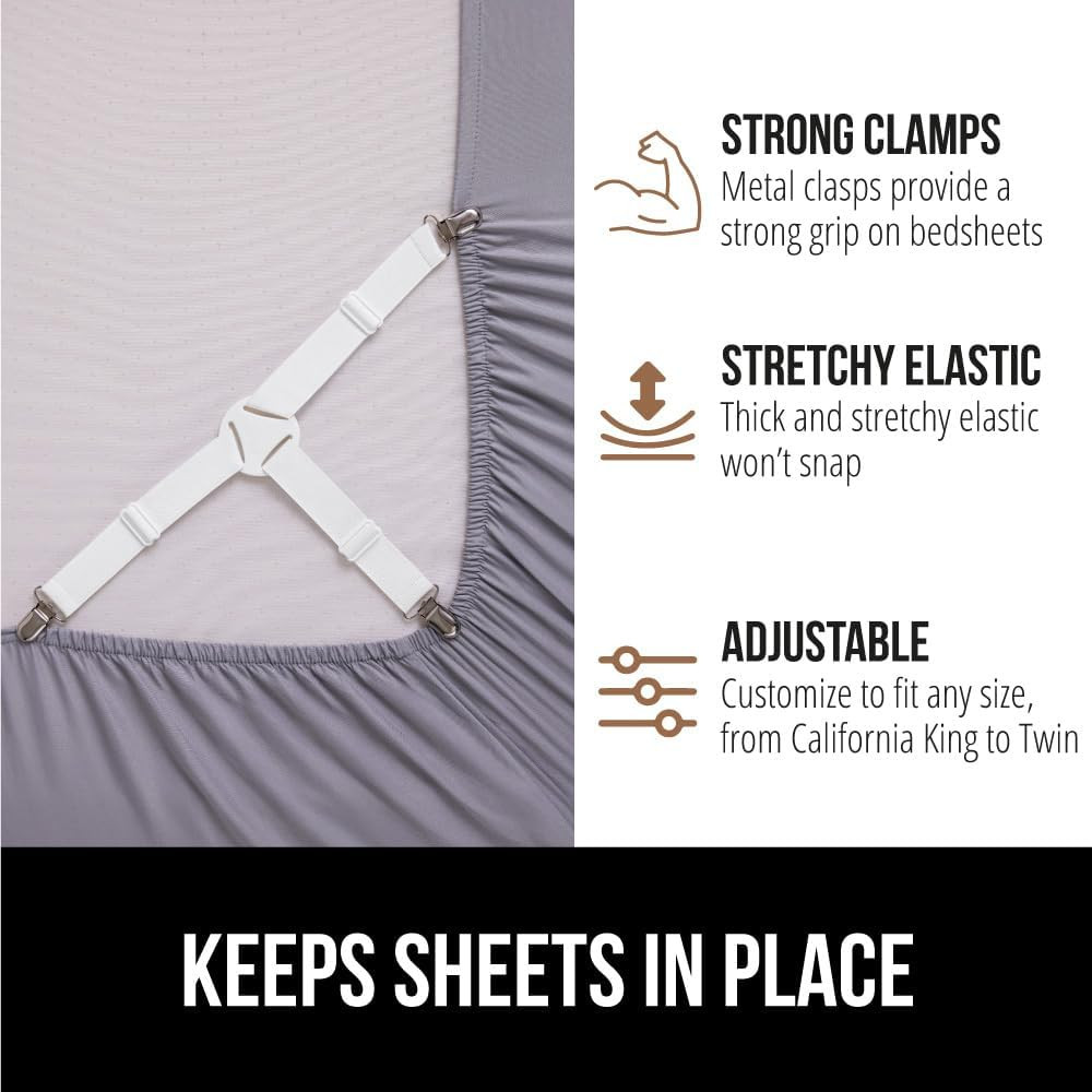 4 Pack Adjustable Bed Sheet Holders Elastic Straps with Metal Clips