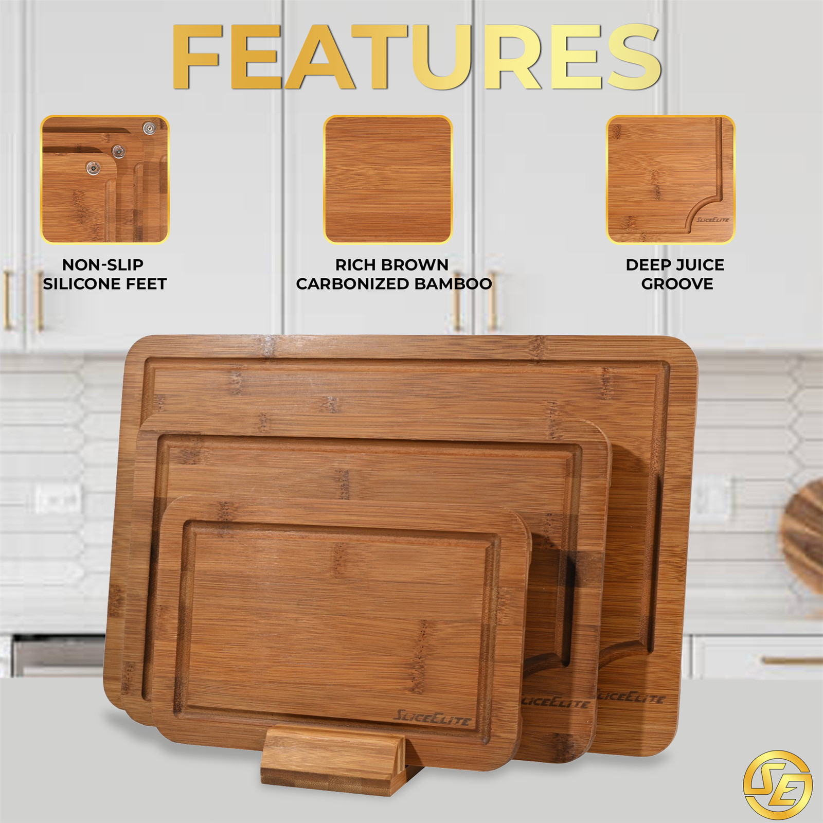 SliceElite Rich Brown Carbonized Bamboo Cutting Board Set 3 Piece with Stand