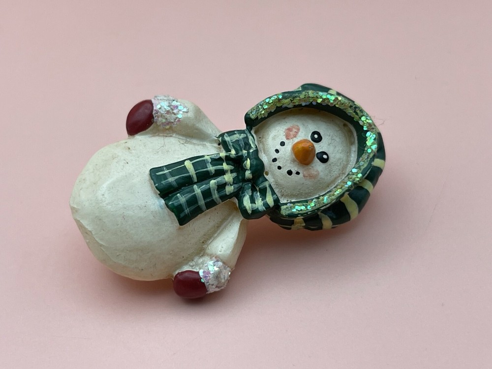 Cute! Plastic White SNOWMAN Christmas Pin with Green Scarf & Hat
