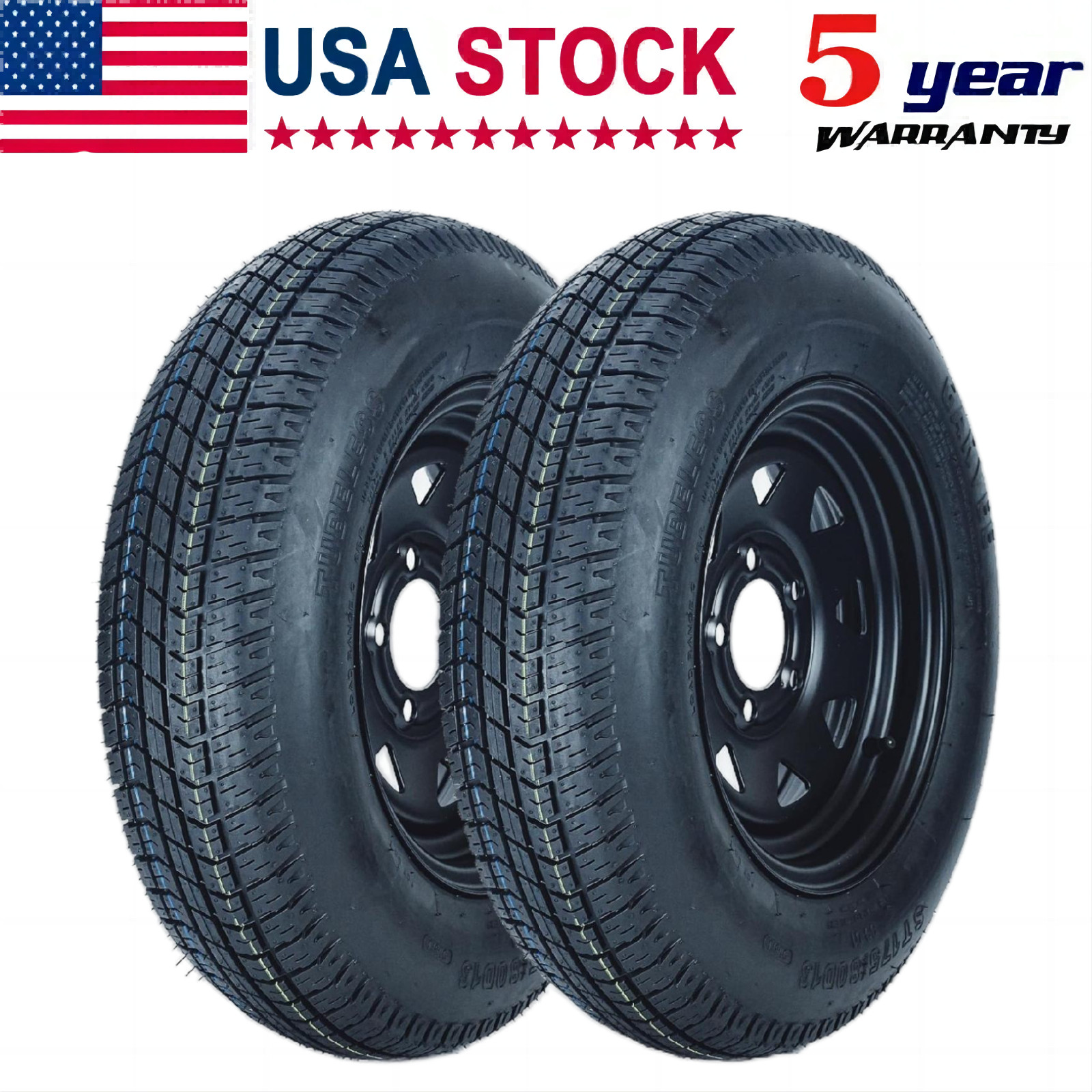 2 Pack ST175/80D13 Trailer Tires with 13" Rims 175/80 D 13 5 Lug on 4.5 Black