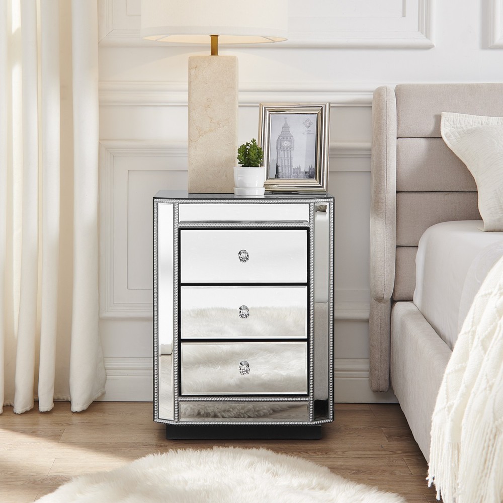 3-Drawer Mirrored Nightstand Bedside Table, Modern End Side Table