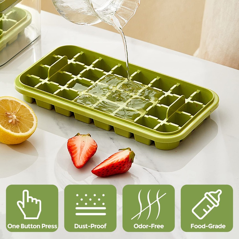 One Button Release Ice Cube Tray w/ Lid Container Tiny Freezer Mold Crushed Ice