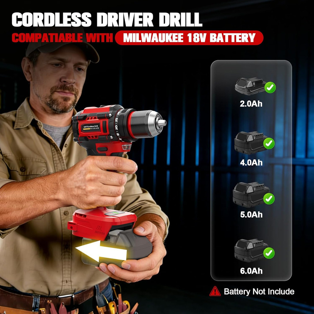 Cordless Drill Driver Impact Driver Compatible with Milwaukee 18V Battery (Bare