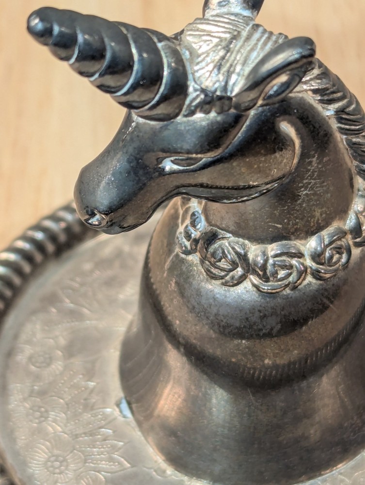 UNICORN RING HOLDER Vtg Hong Kong Silverplate Unicorn Trinket Dish Very Detailed
