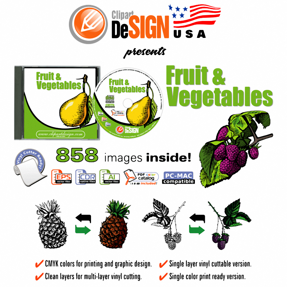FRUIT + VEGETABLES CLIPART-VINYL CUTTER PLOTTER IMAGES-EPS VECTOR CLIP ART CD