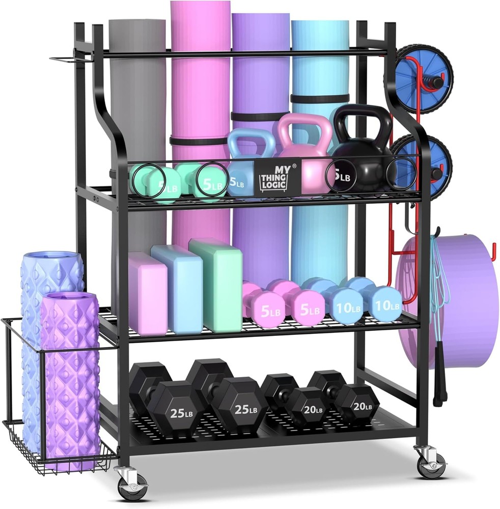 Gym equipment storage rack with hooks and wheels