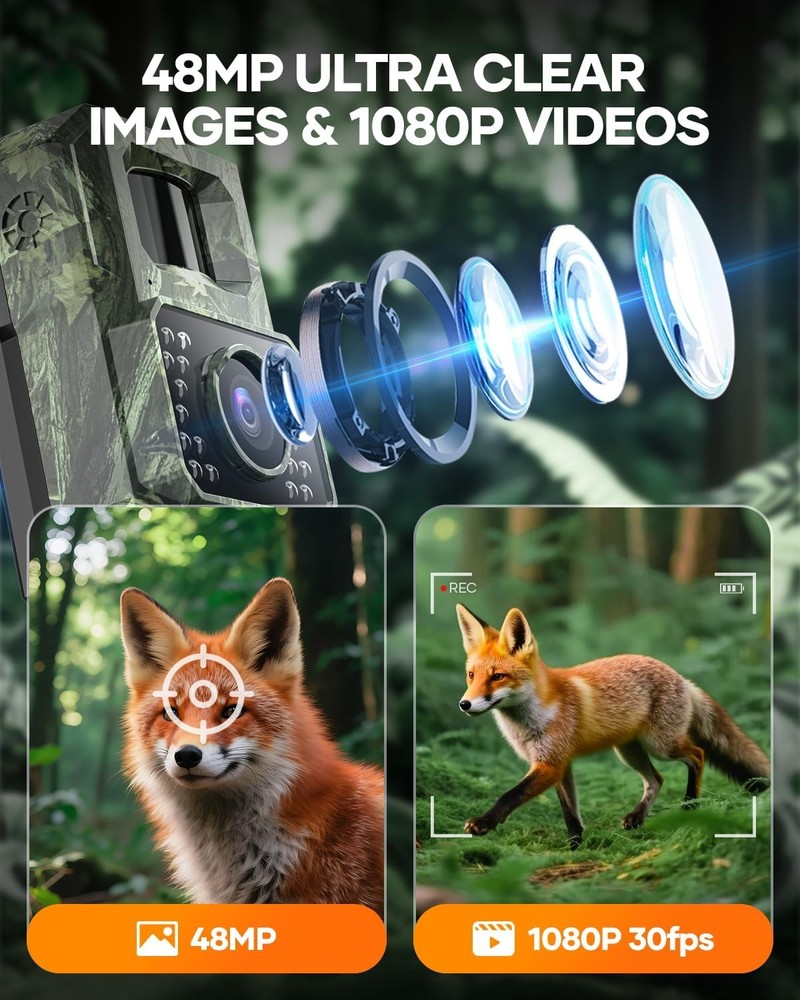 Solar Trail Camera 48MP 30FPS, Wifi Bluetooth Game Camera with Motion Activated