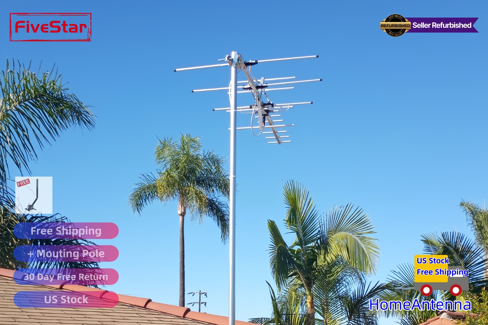 Yagi HD TV Antenna Attic or Roof Mount up to 200 Mile Range TV Antenna
