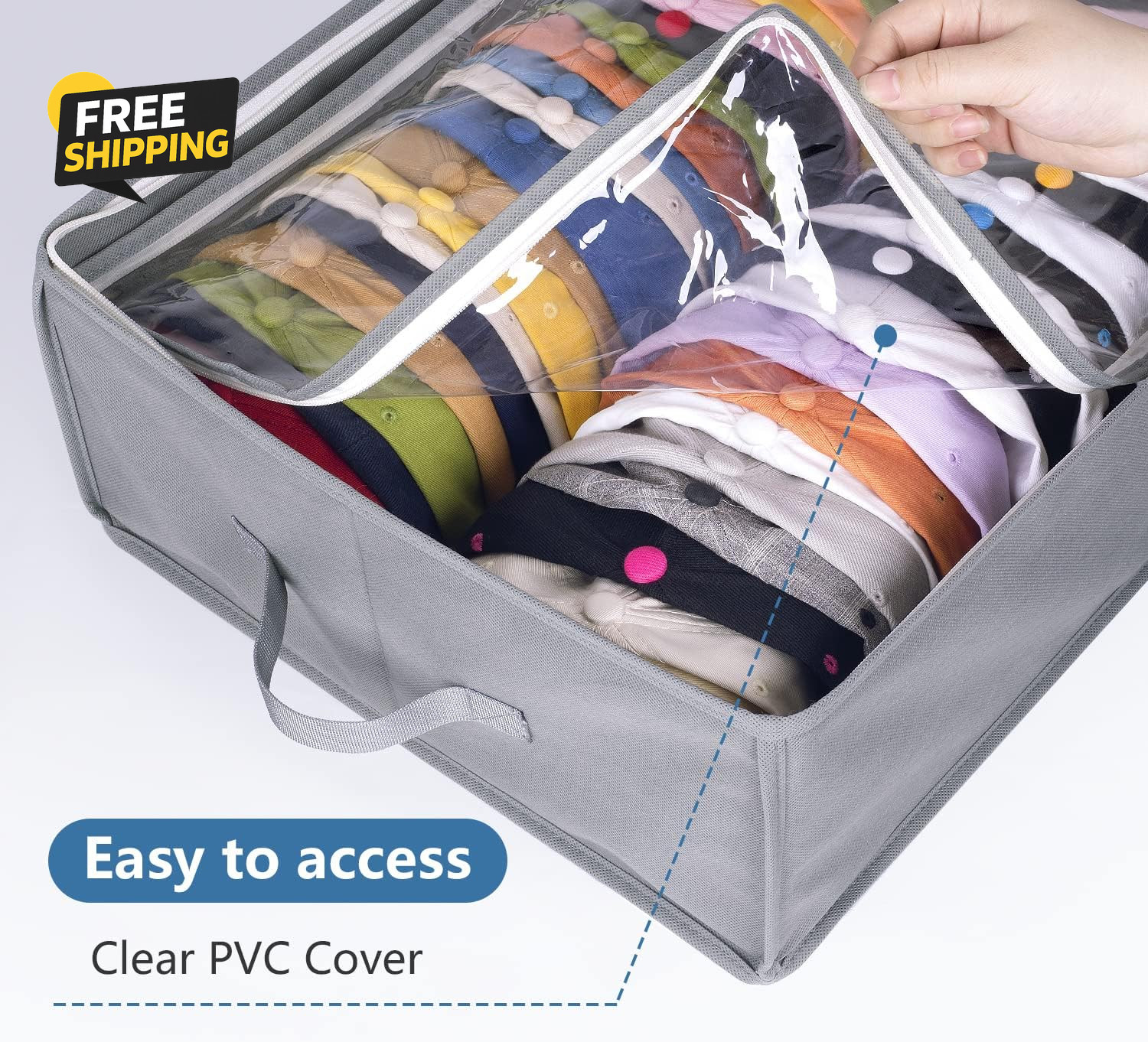 Large Hat Storage Box for Baseball Caps Holds up to 50 Caps Wide Organizer fGrey