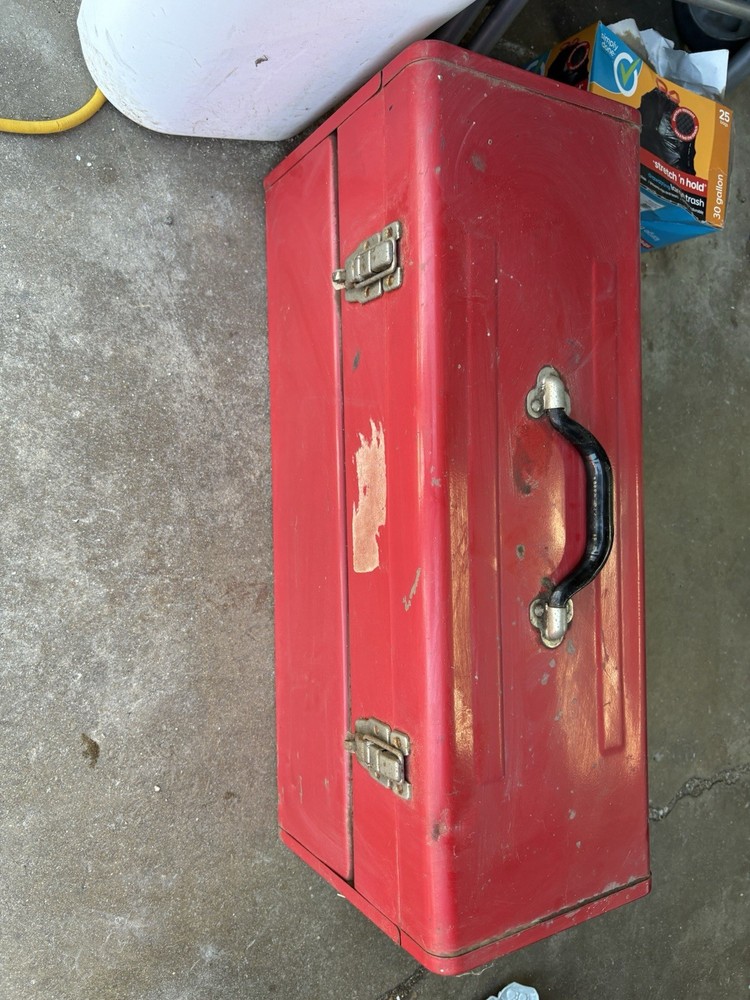 Old Red Heavy Metal Tool Box with Handle