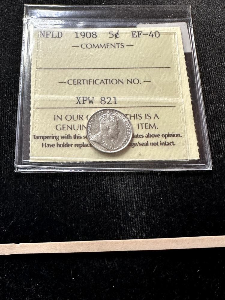 1908 ICCS Graded Newfoundland 5¢ **EF-40** Cert# XPW 821