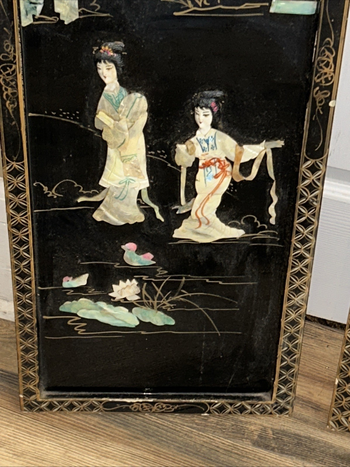 3 Vintage Laquered Asian With Mother of Pearl Panels 12”x 36”