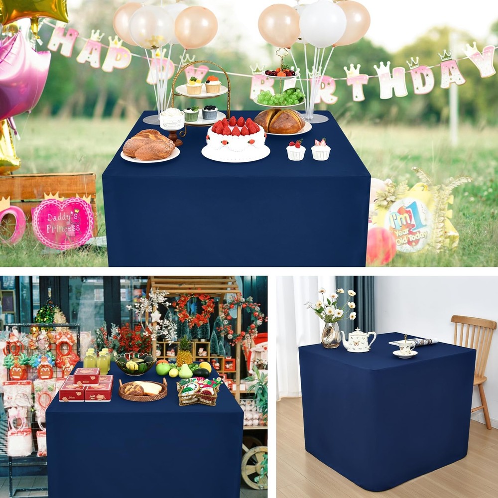 34x34" Navy Blue Square Open Back Fitted Tablecloth Washable Polyester