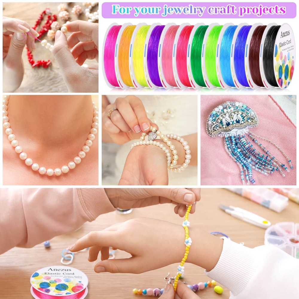 Elastic String for Bracelets, Anezus 12 Rolls Crystal Beading Assorted Colors