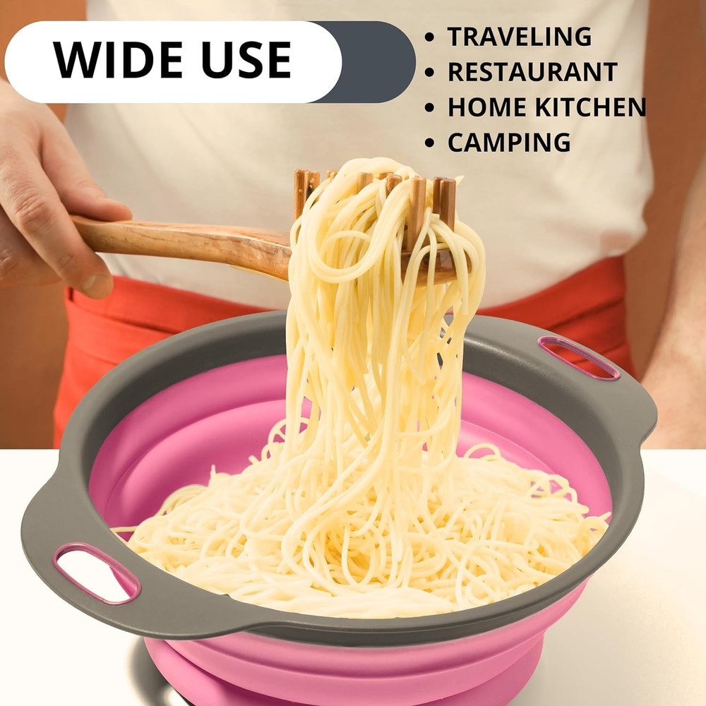 Pink Round Silicone Collapsible Kitchen Colander Plastic Handle Strainer