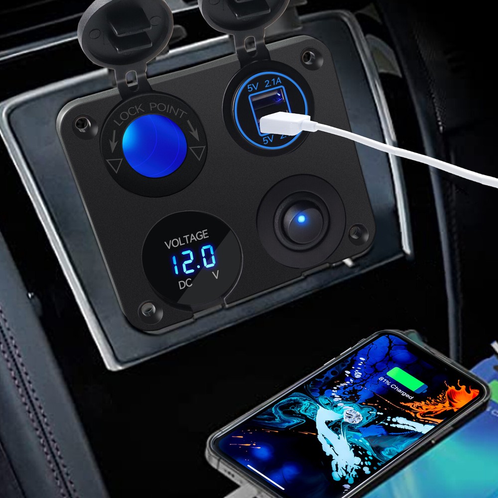 12V 4 In 1 Panel Dual USB Charger LED Voltmeter Cigarette Lighter Socket Outlet