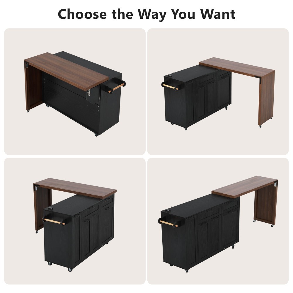 Kitchen Island with Extendable Dining Table, Kitchen Rolling Island Cart